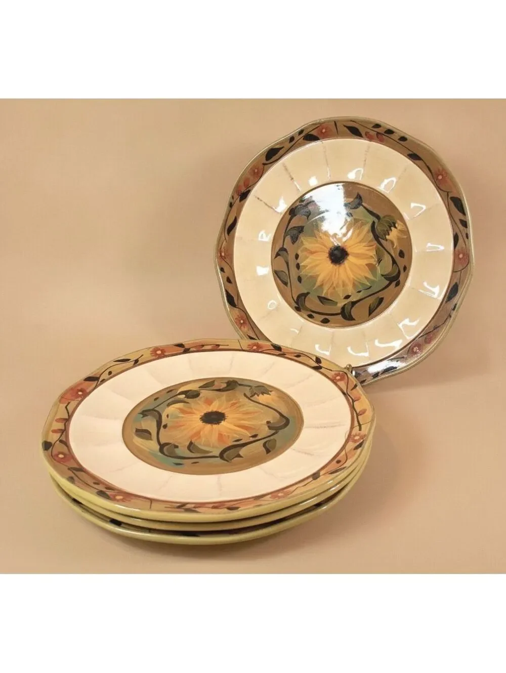 Vtg Set-3 Hand-Painted Certified International Sunflower Pattern Ceramic Plates